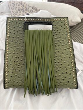 Olive Green Fringe Studded alligator Tote Bag